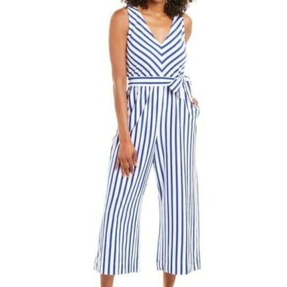 NWOT J. CREW BLUE AND WHITE STRIPED V NECK 100% COTTON JUMPSUIT SIZE 2 - Picture 1 of 8